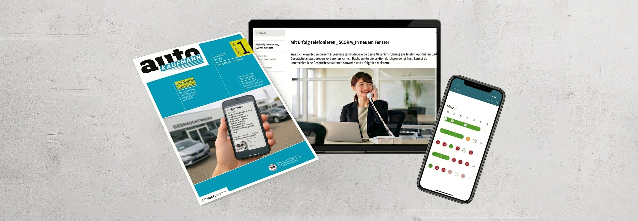 autoKAUFMANN Magazin, Bildschirm E-Learning, Handy digitales Berichtsheft